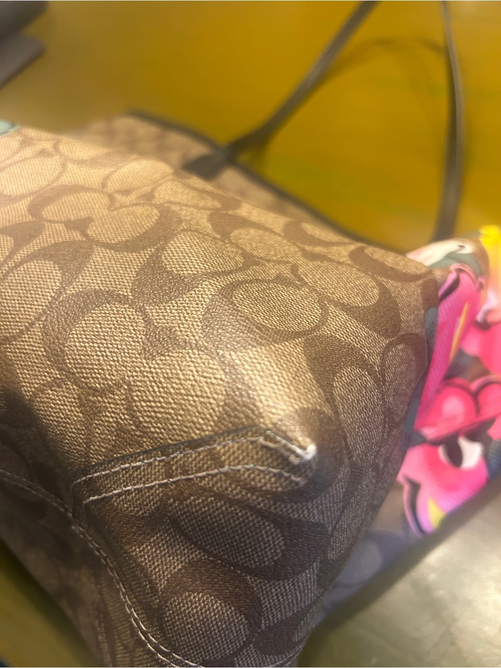 Coach Brown Signature Canvas Floral Tote with Pink & Yellow Blooms - Picture 5 of 9